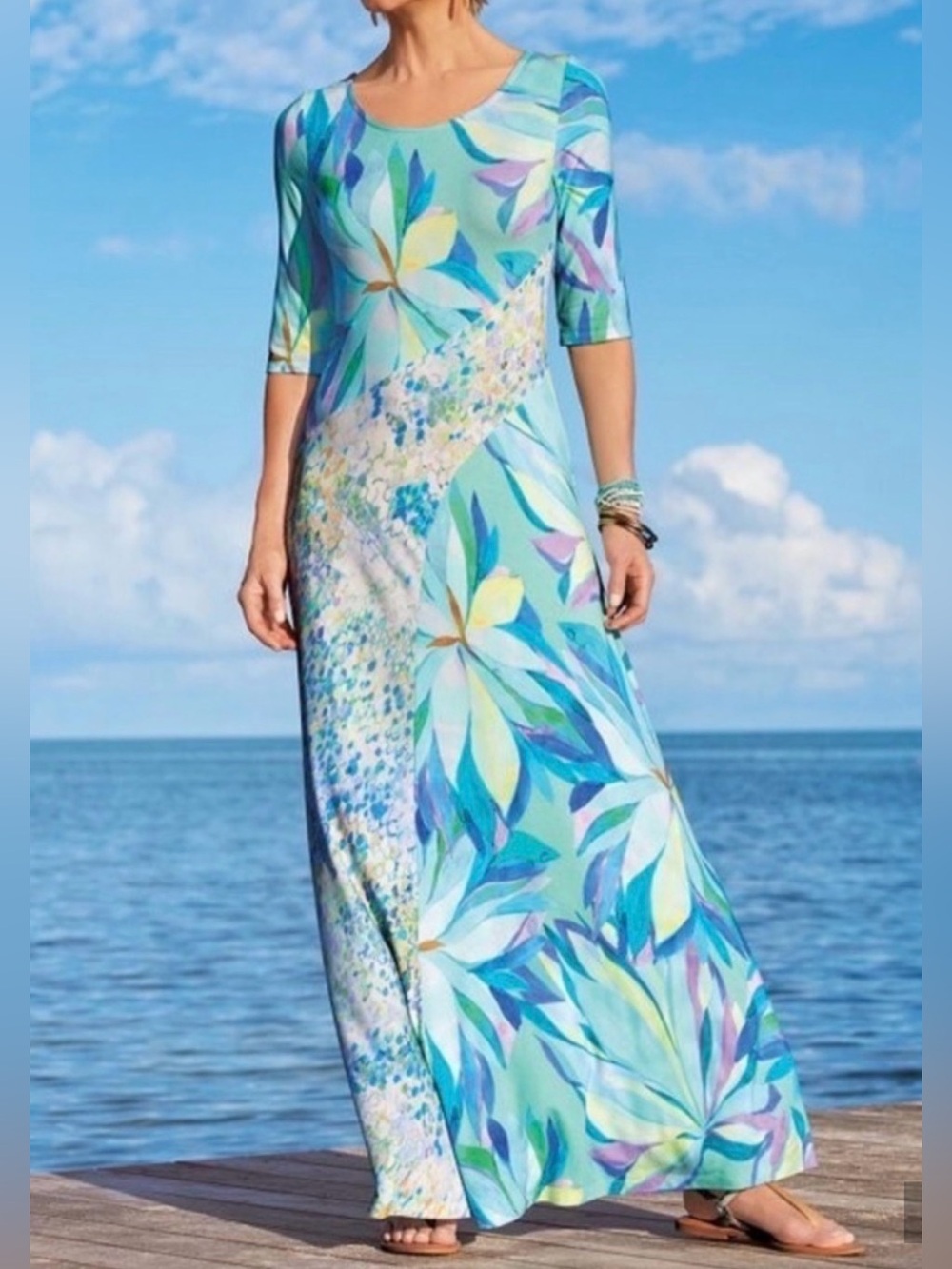 NWT Soft Surroundings Stella Dress Maxi Scoop Neck Half Sleeve Blue Aqua Green M - Picture 16 of 16